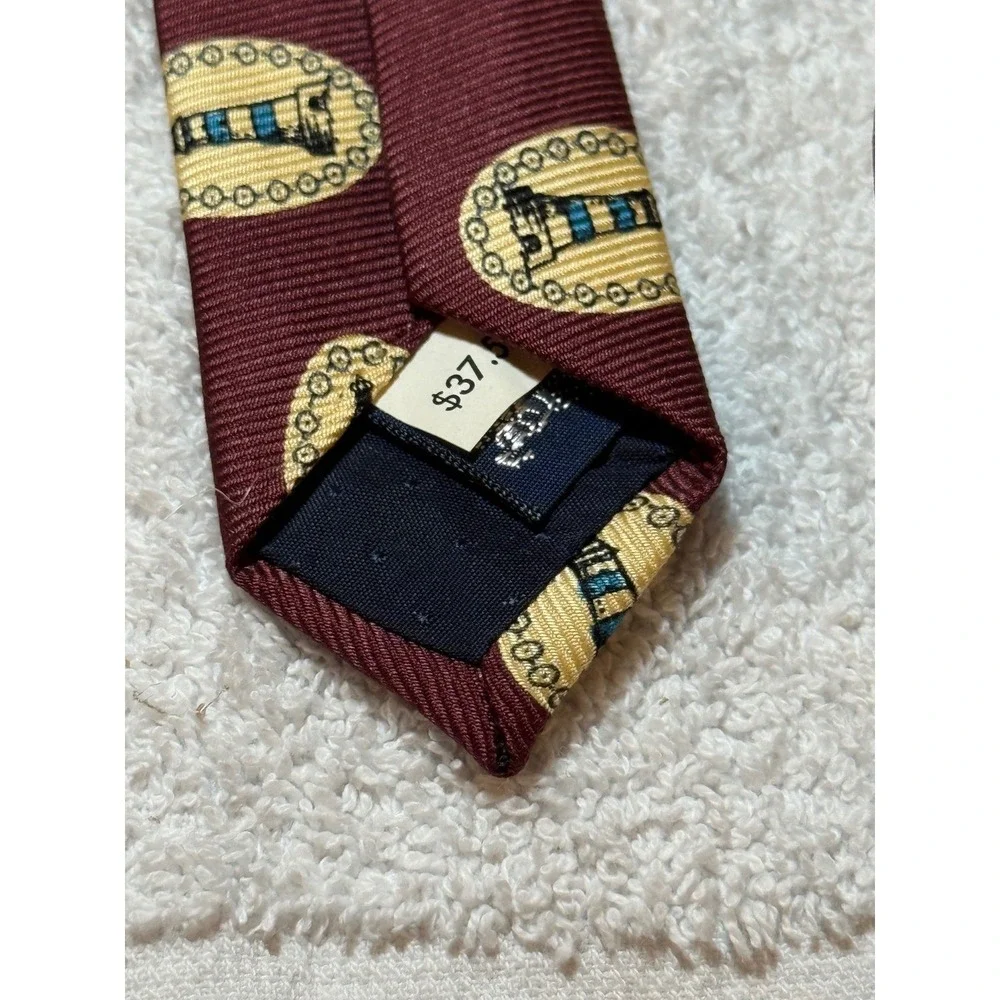 Burberrys of London Mens Silk Tie Burgundy Lighthouse Nautical Hand Sewn USA